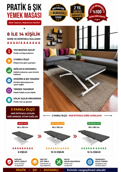 Yan Baştan Açılır Akıllı Masa Üst Tabla Mdf Yüksekliği Ayarlanabilir Pratik Antrasit
