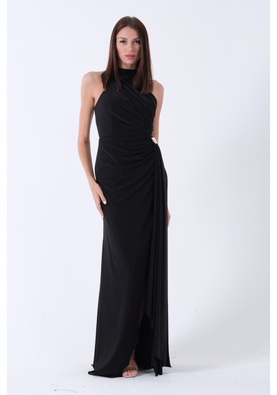 Feminist Siyah Halter Yaka Drapeli Beli Gold Toka Detaylı Straplez Abiye 9705862