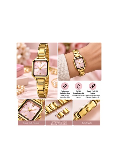 Noumation Ayarlanabilir Yaylı Esnek Kordonlu Çelik Saat Pembe - 931984628 Altın