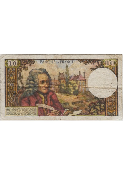 Fransa 10 Frank 1966 Voltaire Temalı. Birkaç İğne Delikleri Var Çok Temiz.