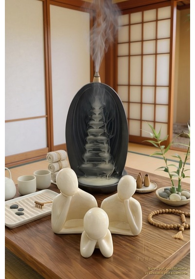 Tütsü Şelalesi Standı & Aile Figürü Biblo 4'lü Set Alçı Zen Meditasyon Dekor Minimalist