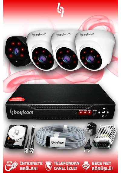 Bayicam 4 Kameralı Uzay 3 İç Kamera Set 1 TB HDD Full HD Gece Görüşlü Güvenlik Kamerası Sistemi