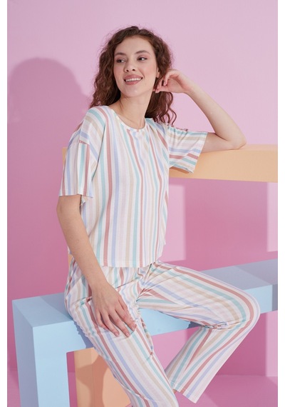 Siyah İnci Likralı Örme Pijama Takım 7800 Çizgi Desen