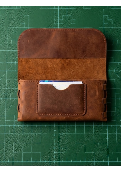 Vintage Leather Craft Hakiki Deri El Portfoyü Telefon Bölmeli Açık Kahverengi - Taba