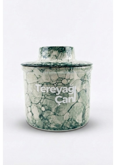 Çömlek - Seramik Tereyağı Saklama Kabı - Tereyağını Günlerce Taze Tutar - Ahşap Saplı Bıçak Hediyeli Yeşil