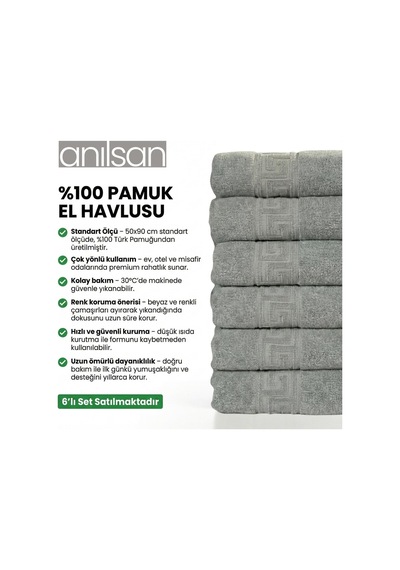 6'lı El Ve Yüz Havlusu Seti 50x90 Cm -%100 Pamuk, Yüksek Emici, Grek Desenli - Ev, Otel, Spa Ve Banyo İçin Lüks Havlu Seti Günlük Kullanıma Uygun Sku: Zeusb0g1yfsqqf 4 Renk