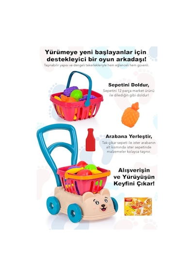 14 Parça Market Sepetli Yürüme Arkadaşı - İlk Adım Arabası Meyve Sebze Atıştırmalık Alışveriş Sepeti