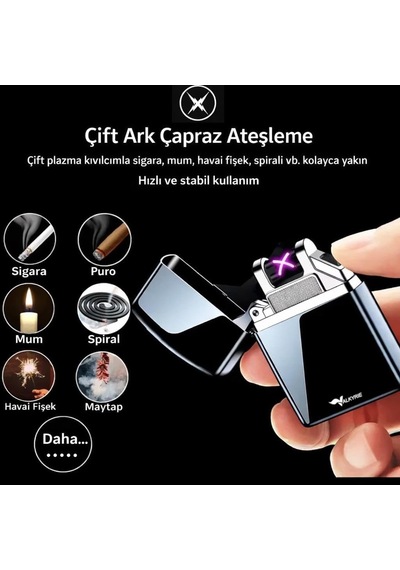 Valkyrie Çift Ark Plazma Şarjlı Çakmak Rüzgâr Geçirmez, Dokunmatik, Usb Şarjlı Mini Çok Renkli