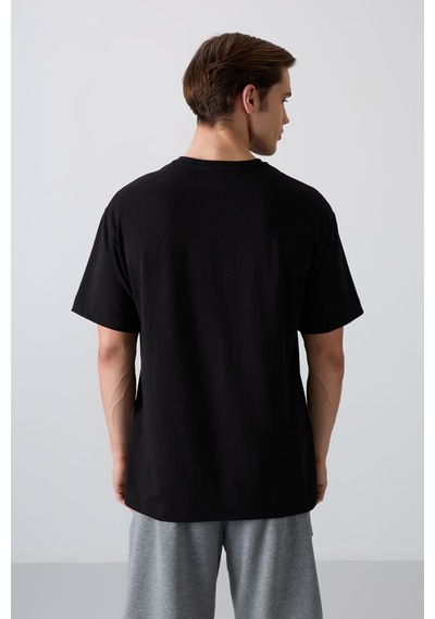 Tommy Life Siyah Pamuklu Kalın Yumuşak Dokulu Oversize Fit Baskılı Erkek T-shirt - 88333 Siyah