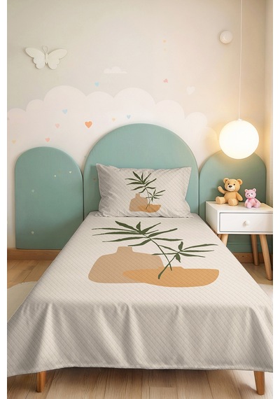 Botanik Yeşil Genç Odası Tek Kişilik Pike Takımı - Minimal Bej 160x220 Cm Kapitone Yatak Örtüsü Kumlu Yün Serinliği