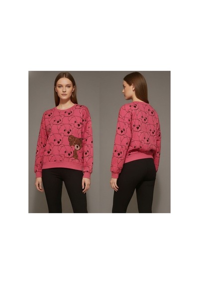 The Kadın Pembe Ayıcık Baskılı Sweatshirt 3 İplik Şardonsuz, %100 Pamuk Rahat Kalıp Pembe