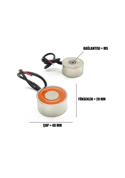 Ø40 20 Mm 24v Elektromıknatıs M5 Bağlantılı, Yandan Kablo Çıkışlı, %50 Çalışma, Otomasyon Ve Elektromekanik Kilit Sistemleri İçin