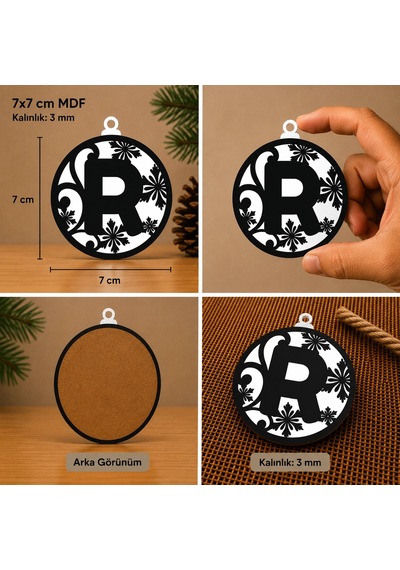 R Harf Yılbaşı Süsü Mdf Çam Ağacı Desenli Asılabilir Dekor 7x7 Cm