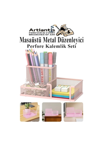 Masaüstü Metal Kalemlik Seti 3 Lü Kombo 1 Paket Fileli Perfore Pastel Renkli Kalemlik Kağıtlık Küpnotluk Düzenleyici Açık Pembe
