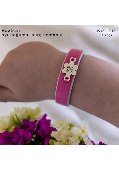 İkizler Burçlarına 14 Ayar Altın Plakalı Çiçek Motifli Doğal Pembe Derili Hediye Bileklik-383burç İkizler İkizler Burçlarına 14 Ayar Altın Plakalı Çiçek Motifli Doğal Pembe Derili Hediye Bileklik-383burç İkizler