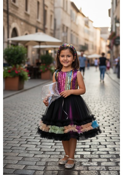 Dide Kids Kız Çocuk Siyah Payetli Renkli Tüllü Abiye Elbise