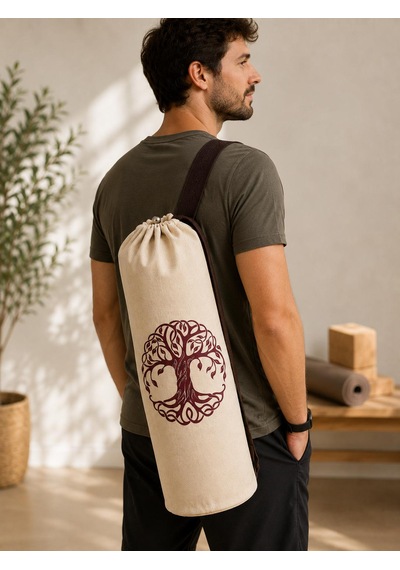 Yoga Mat Taşıma Çantası Hayat Ağacı Lotus Namaste Desenli Hambez Kanvas 70x21 Cm Kahverengi