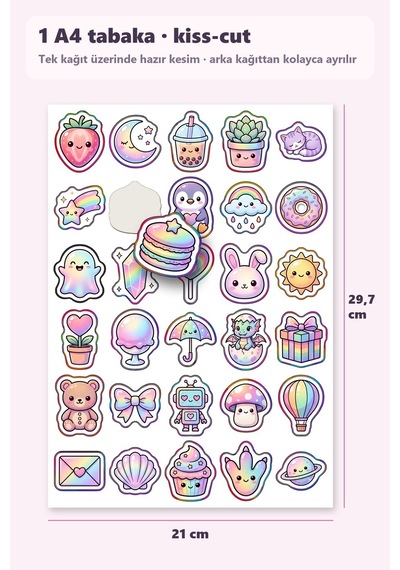 30 Adet Sevimli Figürler Sticker Seti Çilek, Hilal, Yıldızlar - Laptop Defter Telefon Çok Renkli