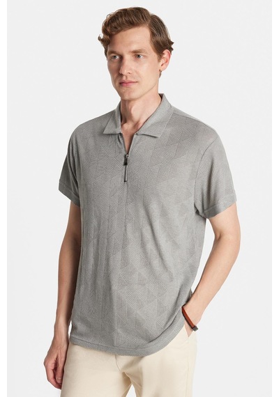 Tudors Erkek Slim Fit Dar Kesim Viskon Fermuarlı Polo Yaka Gri Tişört-34352 Gri