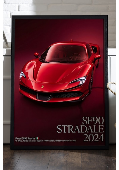 Ferrari Sf90 Stardale 2024 Siyah Ahşap Çerçeveli Poster, Dekoratif Araba Duvar Tablosu