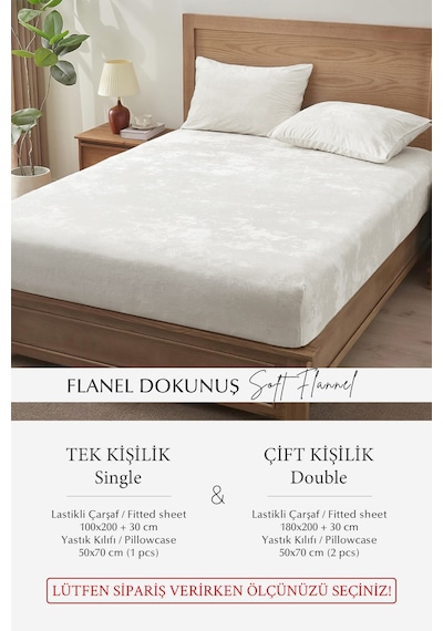 Süper Yumuşak Flanel Kadifemsi Peluş Lastikli Fitted Çarşaf Seti Kaymaz Tek/çift Kişilik Krem