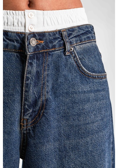 Itsbasic Kadın Tint Kot Rengi Boxer Detaylı Palazzo Fit Denim Jean Kırmızı