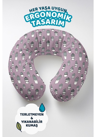 Kaktüs Desenli Ergonomik Boyun Yastığı - Modern Pastel Lila Yeşil Seyahat Yastığı Açık Ayışığı Şarap