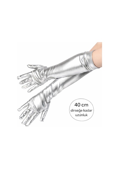 Gümüş - 39 - Renk Dirsek Altı Lüks Saten Eldiven - Kmrsfres - 40 Cm