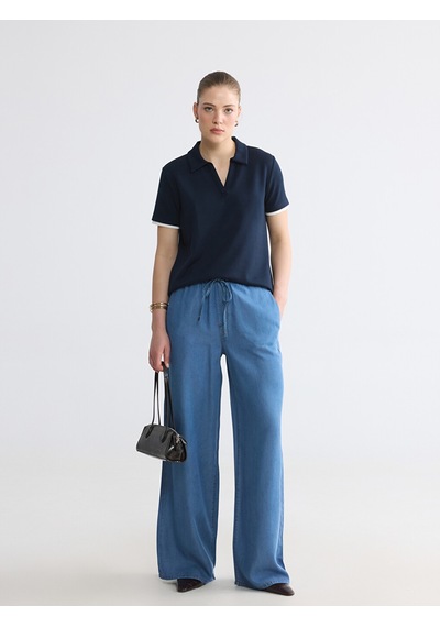 Lcw Comfort İndigo Beli Lastikli Wideleg Kadın Jean Pantolon