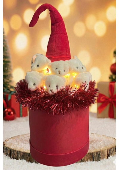 Deluxe 360 Dolu 14 Ayısıyla, Noel Elf Cüce Figürlü Çift Led Işıklı, Özel Konsept Noel Ayıcık Buketi