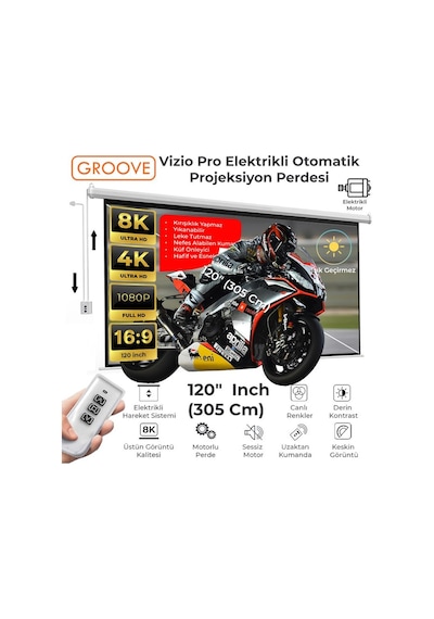 Groove Vizio Pro 120 Inch Blackout Işık Geçirmez Elektrikli Otomatik Kumandalı Projeksiyon Perdesi 265x150cm +motorlu+canlı Renkler+göz Koruması+leke Tutmaz Projector