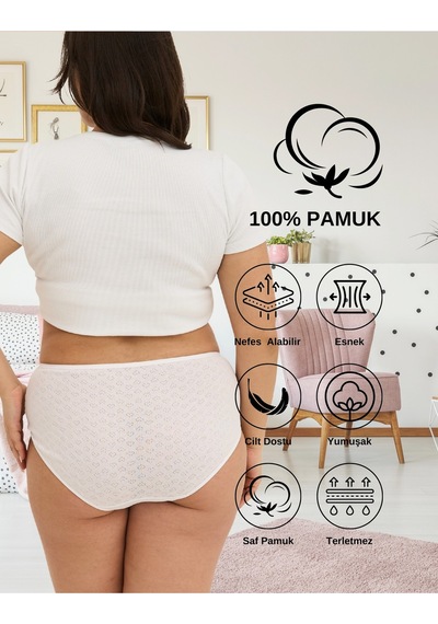 Alya Underwear %100 Pamuk Kumaşlı, Büyük Beden Yüksek Bel Kalp Desenli Ribana Jakar Kadın Külot Beyaz