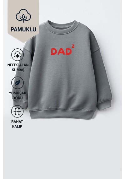 Monila Unisex Çocuk Baba Baskılı 3 İplik Kumaş Pamuklu Sweatshirt Antrasit