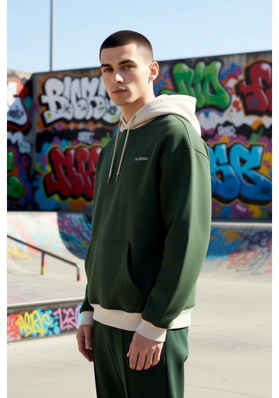 Benerly Erkek Kapüşonlu Düşük Kol Uzun Kol Nakışlı Sweatshirt Fonksiyonel Haki