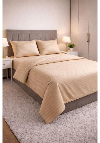 Wova Home Champagne Stripe Çift Kişilik Nevresim Takımı%90 Pamuk 83 Tel Saten Çizgili Lastikli Çarşaflı Nevresim Çok Renkli