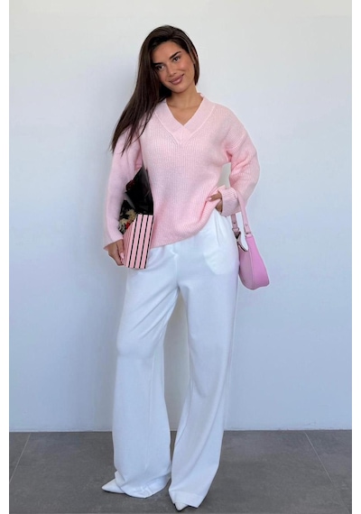 Madmext Pembe V Yaka Triko Kadın Kazak Mg2501 Pembe