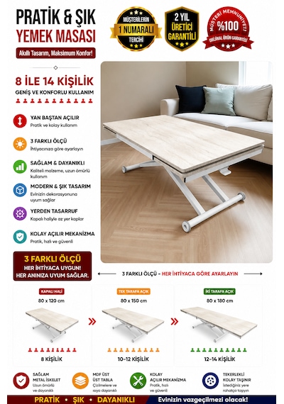 Yan Baştan Açılır Akıllı Masa Üst Tabla Mdf Yüksekliği Ayarlanabilir Pratik Lizbon