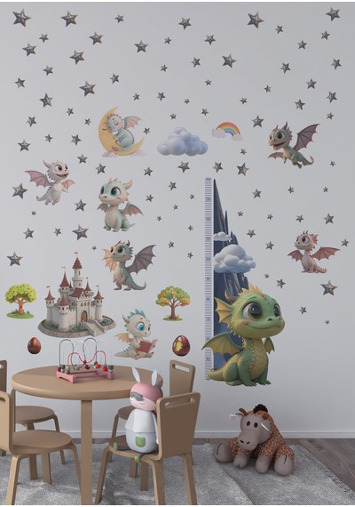Bebek Ejderhalar Boy Ölçerli Duvar Sticker Seti - Mat, Sökülebilir, Çocuk Odası Dekoru 01