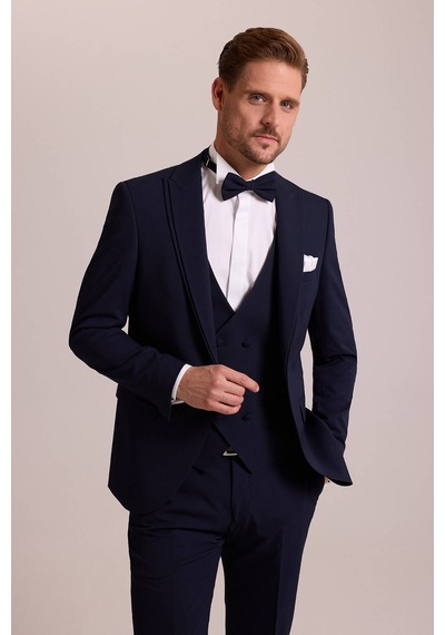 Ysf Erkek Lacivert Slim Fit Likralı Sivri Yaka Yelekli Damatlık