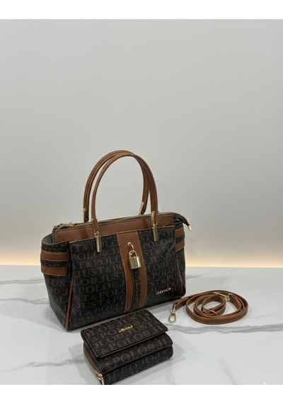 Just Polo Kadın Lüks El & Omuz Çantası Gold Detaylı Özel Tasarım Çanta Ve Uyumlu Cüzdan 22x28 Cm Kahverengi - Taba