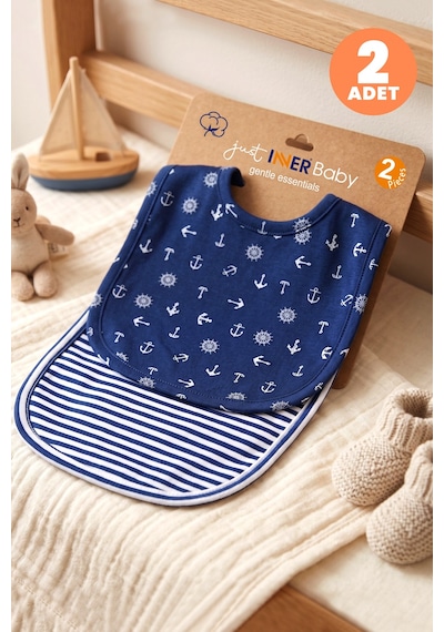 Just Inner Erkek Bebek 2'li Pamuklu Önlük Denizci Ve Çizgili Desenli Çıtçıtlı Çift Katlı Cilt Dostu 584303 Mavi
