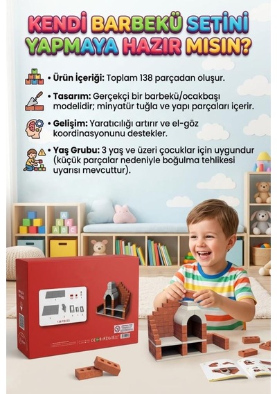138 Parçalı Dıy Minyatür Tuğlalı Barbekü Temalı Dekoratif Eğitici İnşaat Yapı Oyuncak Seti