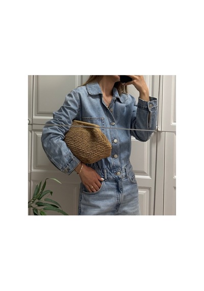 İçi Astarlı Hasır Clutch Örme Burslu Günlük Şık El Çantası