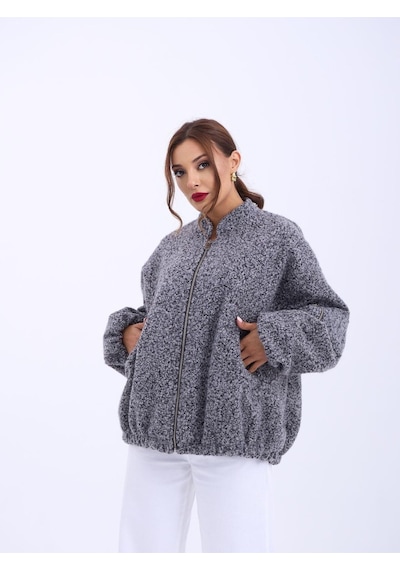 Kırçıllı Kışlık Ekstra Salaş Bol Bel Lastikli Büyük Cepli Fermuarlı Ceket Mont Antrasit