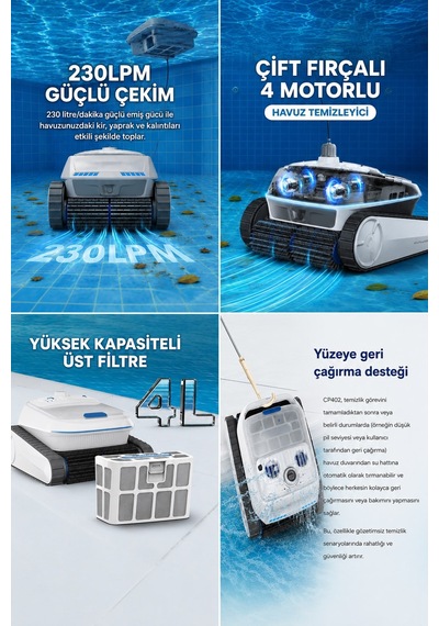 Cp402 Kablosuz Akülü Havuz Temizleme Robotu 4 Alan-zemin, Duvar, Su Hattı, Su Yüzeyi