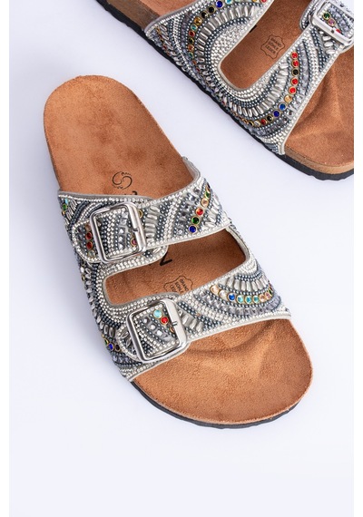 Polomia Comfort Sahra Kadın Anatomik Eva Taban Konfor Taş Pırlanta İşlemeli Çift Bantlı Tokalı Günlük Sandal Terlik Gümüş