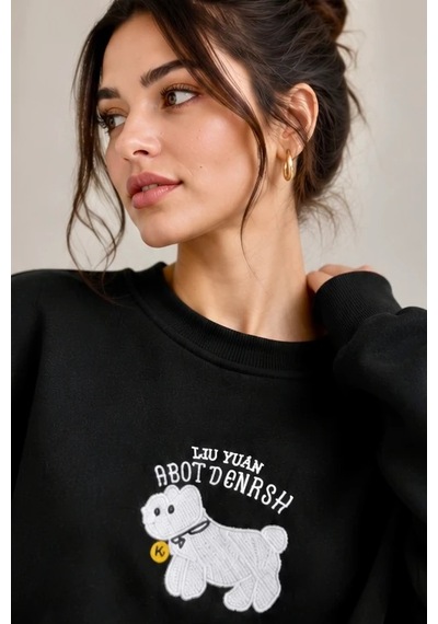 Bbbutikbasic Kadın Kuzu Nakışlı Bisiklet Yaka 3 İplik Sweatshirt My3535 siyah