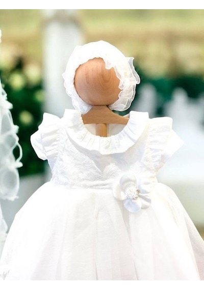 Cantoy Kız Bebek Şapka Detaylı Çiçekli Abiye Elbise-15305 Beyaz