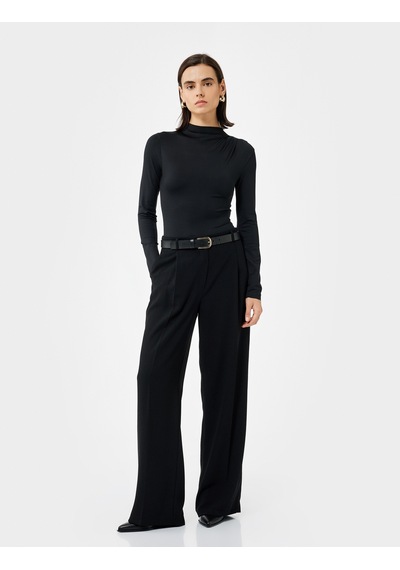 Koton Slim Fit Hafif Dik Yaka Drape Detaylı Uzun Kollu Bodysuit Siyah 6wak80083ek Siyah