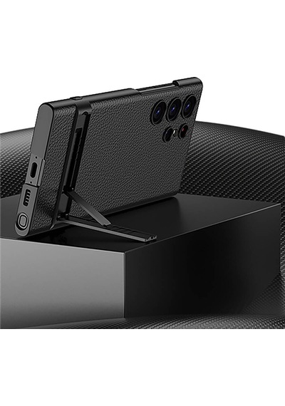 Galaxy S24 Ultra Kılıf Uzaklarda Arama Kamera Korumalı Leather Dikey Standlı Ays Kılıf Siyah